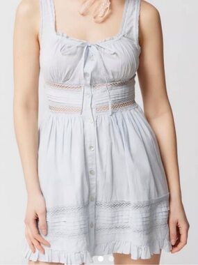 Urban Outfitters Pale Blue Button-Front Top with Lace Trim